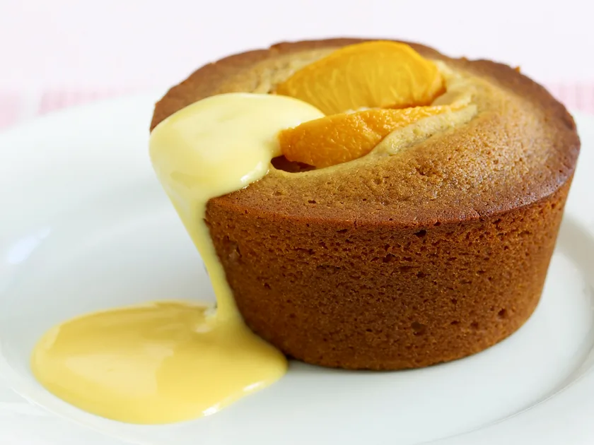 Peach and ginger cakes with custard