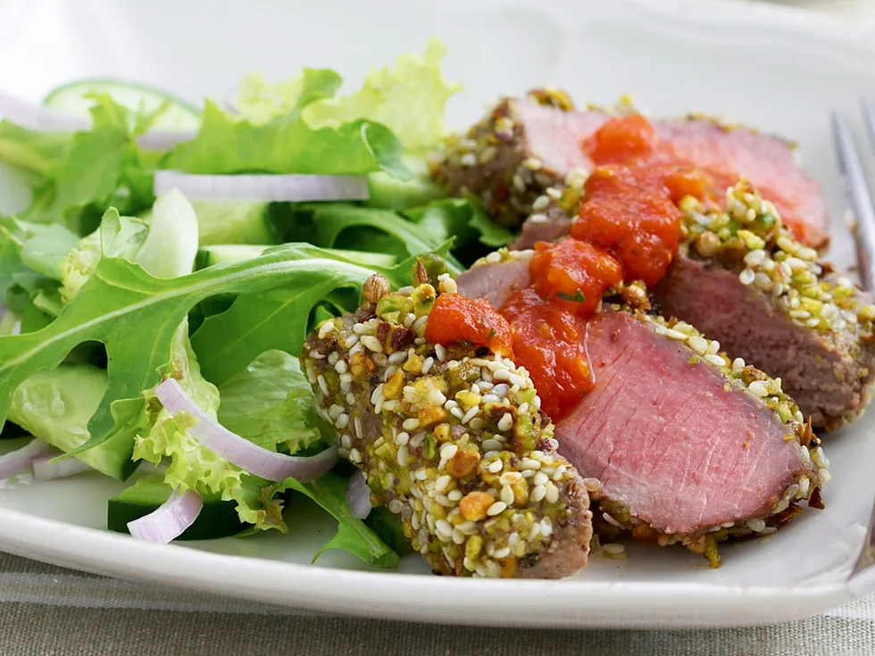 pistachio dukkah crusted lamb with rocket salad