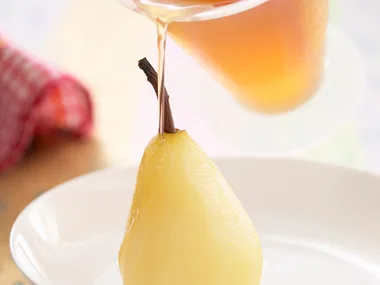 poached pears in sticky wine sauce