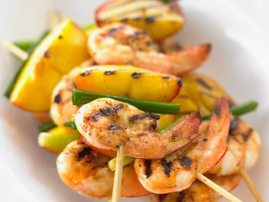 prawn and peach kebabs