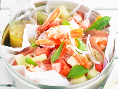 prawn, melon and feta cheese