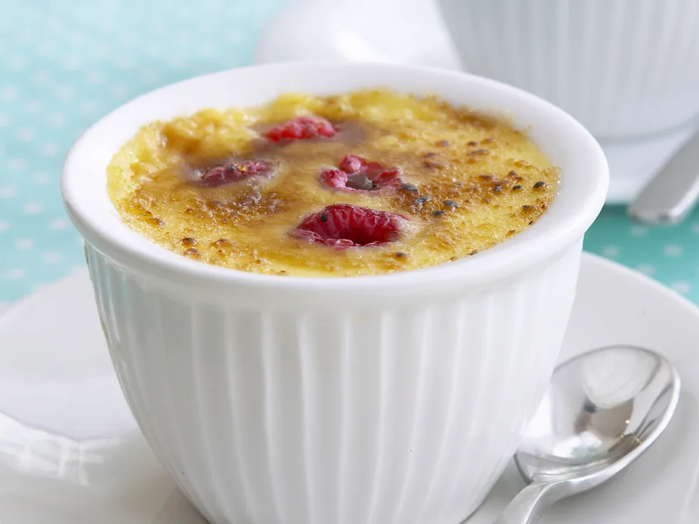 raspberry and white choc creme brulee