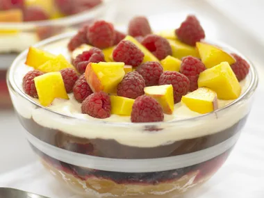 raspberry, peach and chocolate mousse trifle