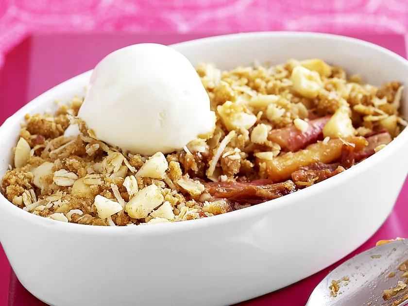 Rhubarb, pear and apple crumble
