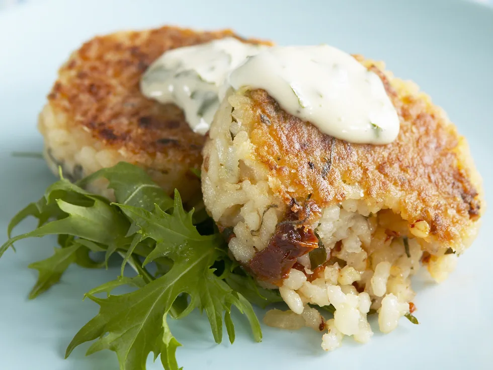 risotto cakes with lemon and basil mayonnaise