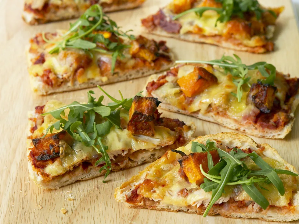 roast meat, bocconcini and pumpkin pizza