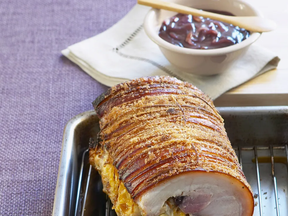 roast pork with apple, prunes and red onion gravy