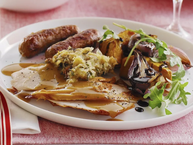 roast turkey with sage stuffing and lamb chipolatas