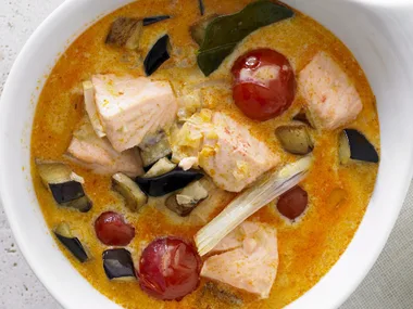 salmon red curry with eggplant