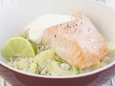 salmon, pilaf and dill sauce