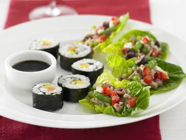 sushi rolls with smoked salmon and avocado