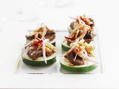 Thai beef salad on cucumber rounds