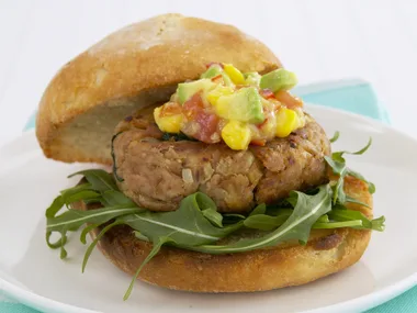 tuna burgers with avocado and corn salsa