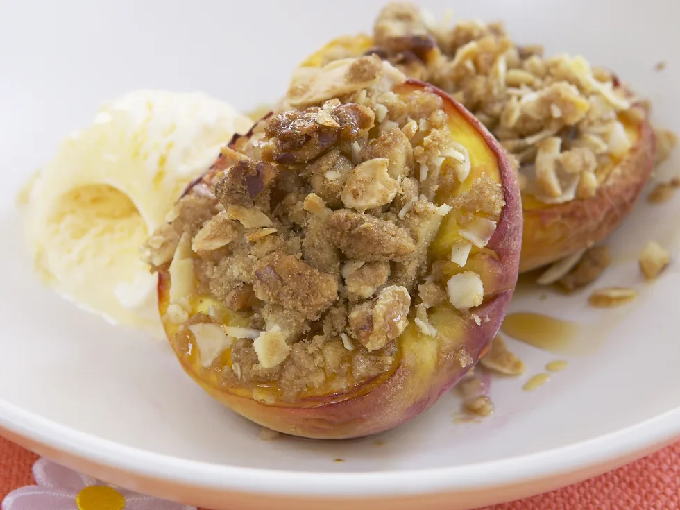 walnut and cinnamon baked peach halves