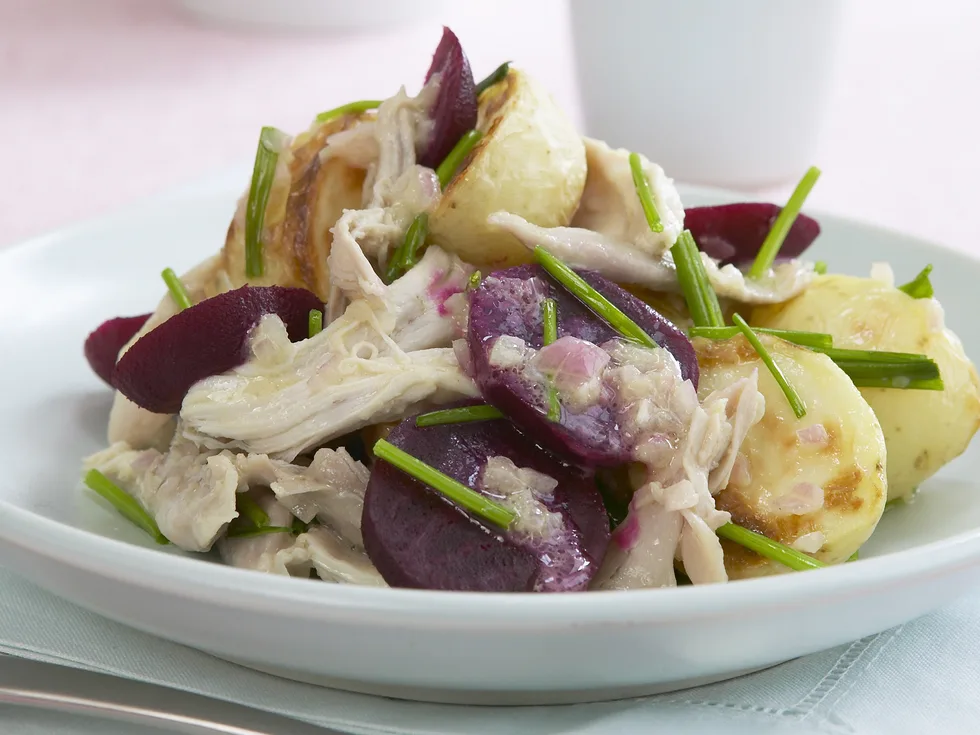 warm potato, beetroot and chicken salad