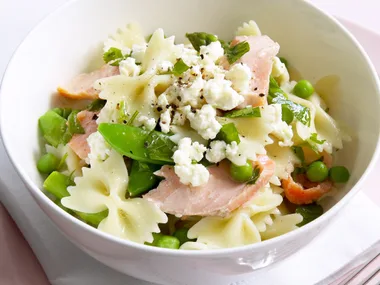 warm salad of pasta, smoked trout and asparagus