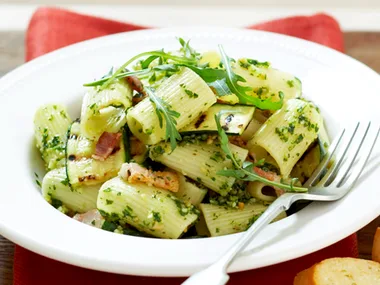 Bacon zucchini and rocket pesto rigatoni