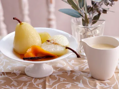 Champagne poached pears with creme Anglaise