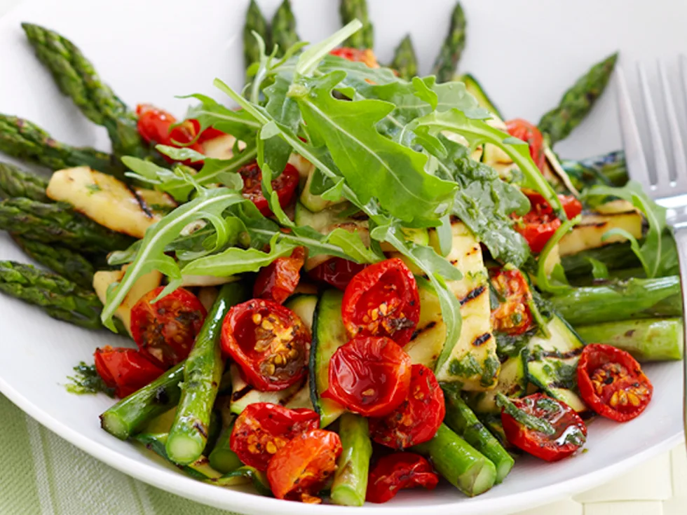 Char-grilled asparagus, zucchini and haloumi salad