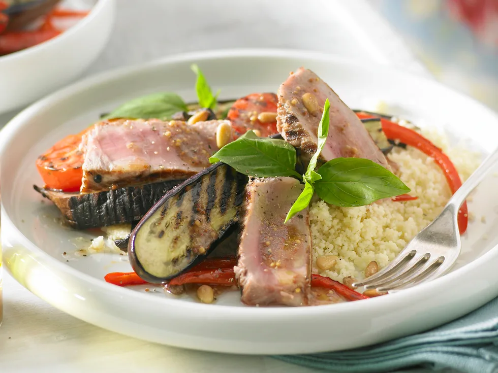 Char-grilled vegetables and tuna