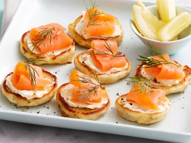 Cheese and dill blini with smoked salmon