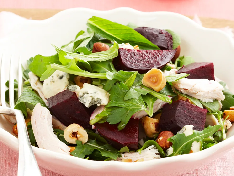 Chicken and beetroot salad with blue cheese and hazelnuts