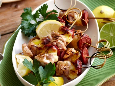 Chicken, chorizo and mozzarella kebabs