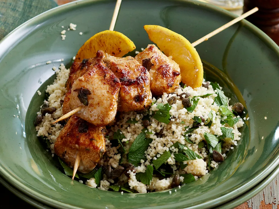 Chicken skewers with parsley and caper couscous
