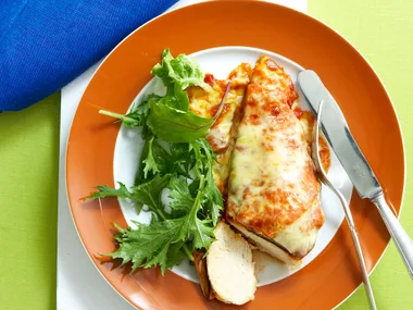 Chicken with ham and eggplant