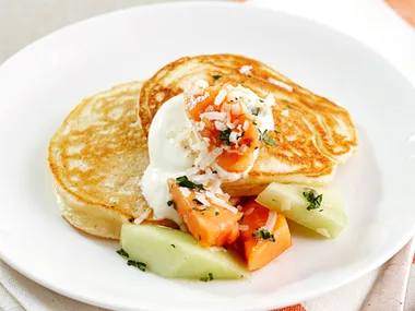 Coconut ricotta pikelets with tropical fruit salsa