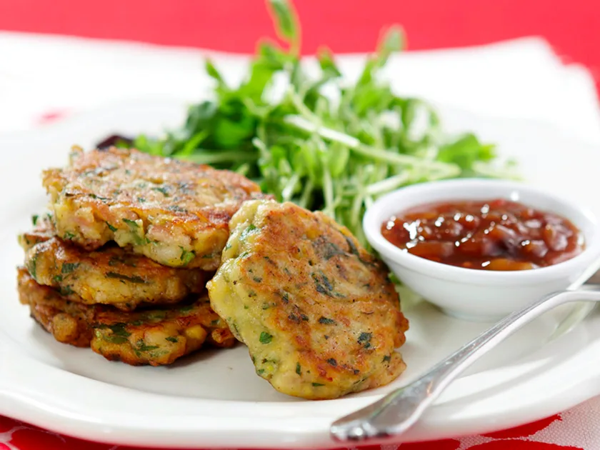 Corn and bacon fritters with tomato relish recipe