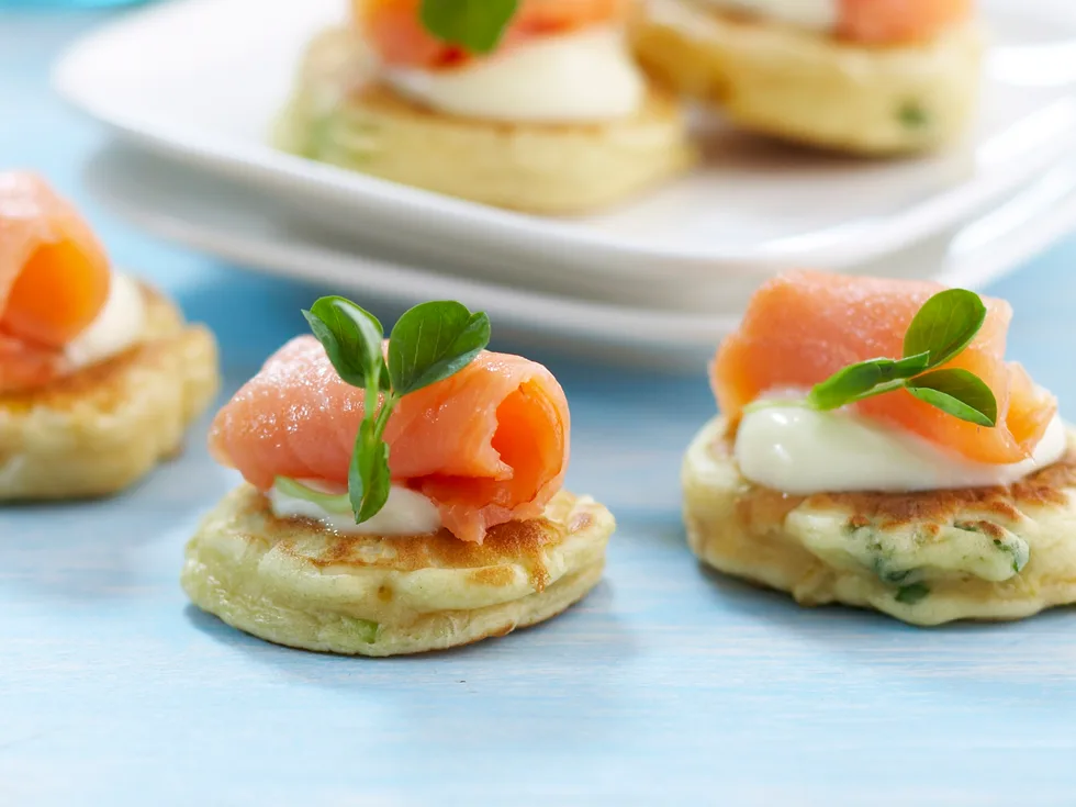 Corn pikelets with smoked salmon and aioli