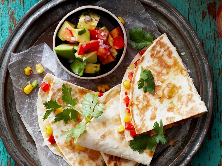 Corn quesadillas with tomato and avocado salsa