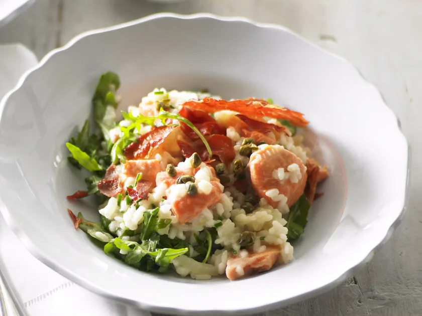 Creamy trout risotto with crispy prosciutto recipe