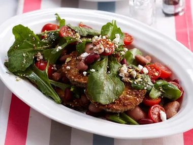 Crispy dukkah eggplant and bean salad