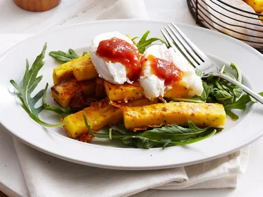 Crispy polenta Parmesan chips and poached eggs
