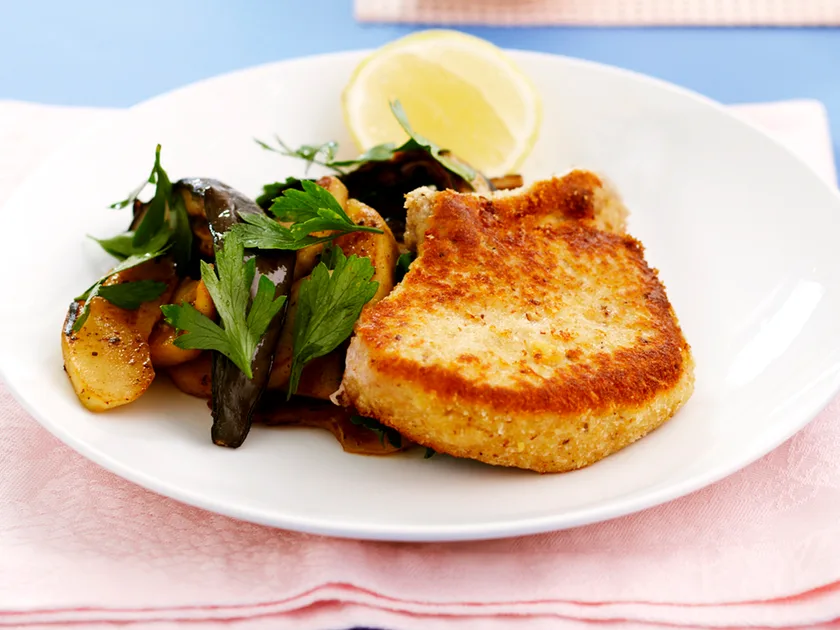 Crumbed pork with grilled eggplant