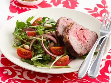 Crusted beef with white bean salad