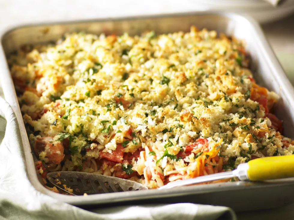 Crusty salmon and tomato pasta bake