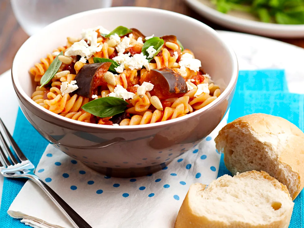 Eggplant, tomato and feta pasta