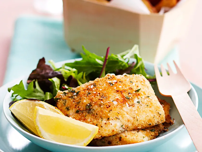 Golden-crumbed fish and homemade chips recipe