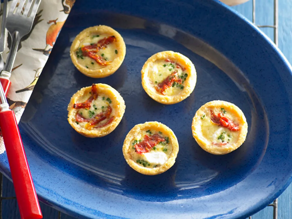 Goat cheese, salami and sun-dried tomato mini quiche