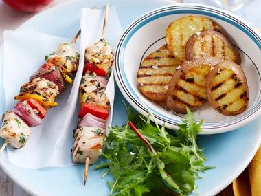 Herbed Chicken kebabs with grilled potatoes