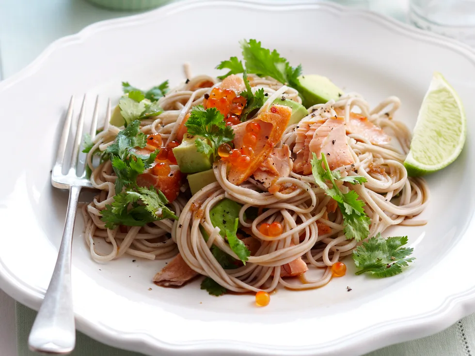 Hot smoked salmon soba noodles