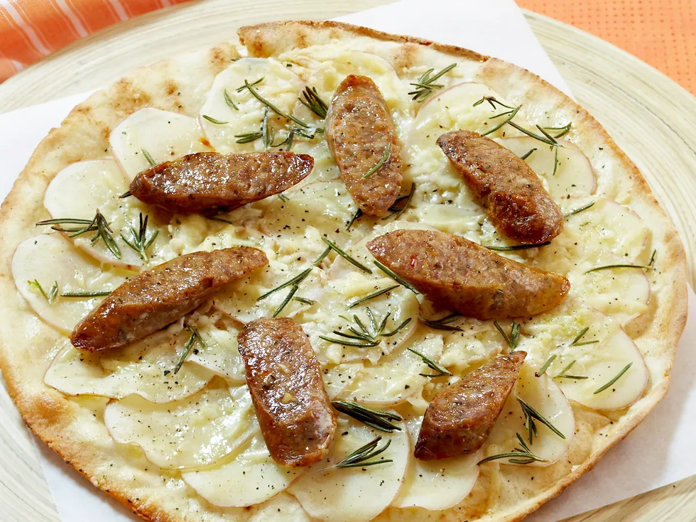 Lamb sausage, potato and rosemary pizza