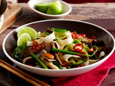 Lamb, almond and noodle stir-fry