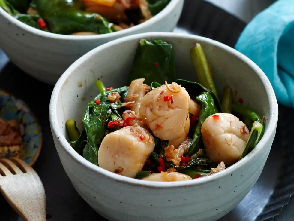 Market greens and scallops in XO sauce