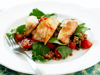 Marmalade chicken with lentil salad