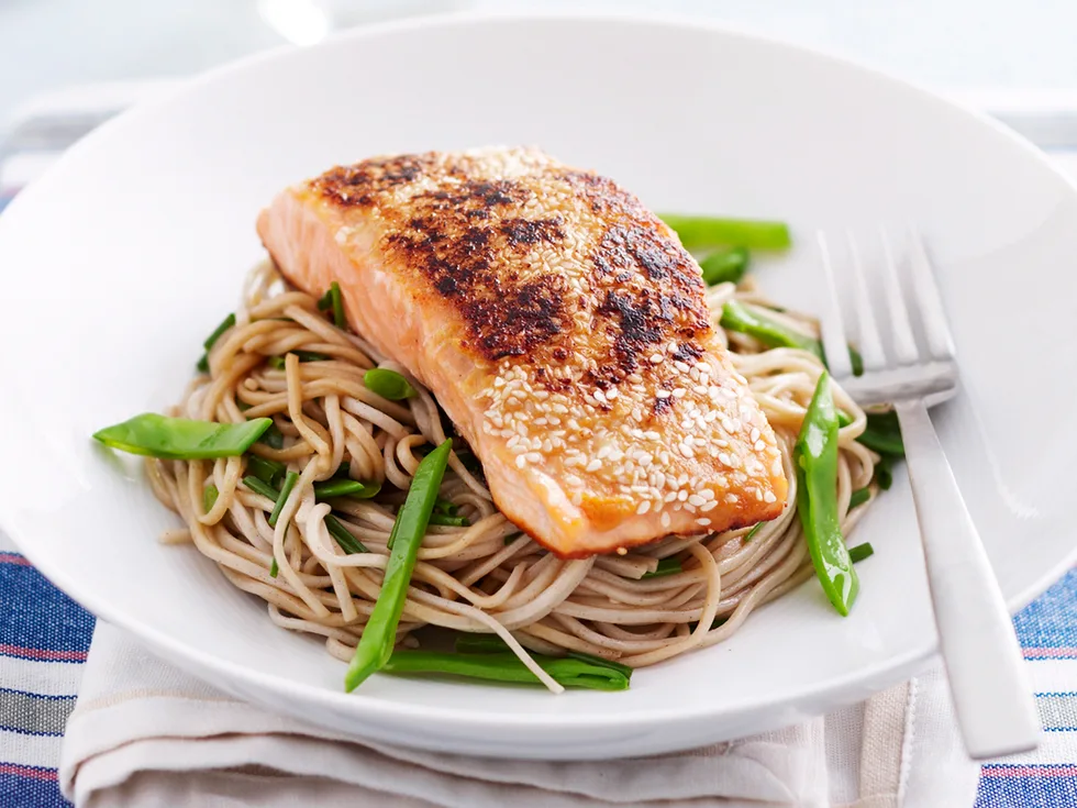 Miso and sesame salmon with soba noodles