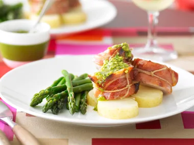 Pancetta-wrapped pork fillet with pesto potatoes